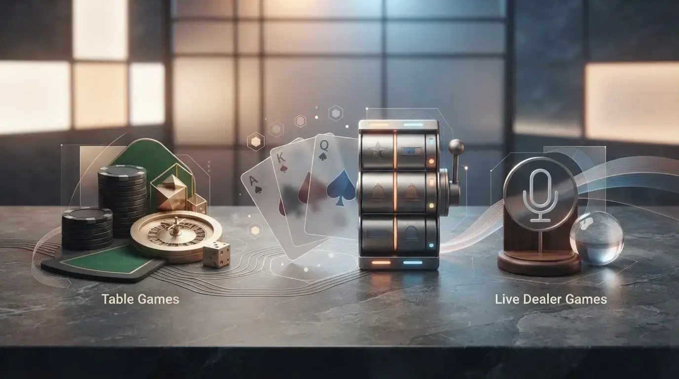 Abstrakte Casino-Spielübersicht mit stilisierten Walzen, Karten und Live-Tisch-Symbolik ohne Markenlogos oder echte Benutzeroberfläche