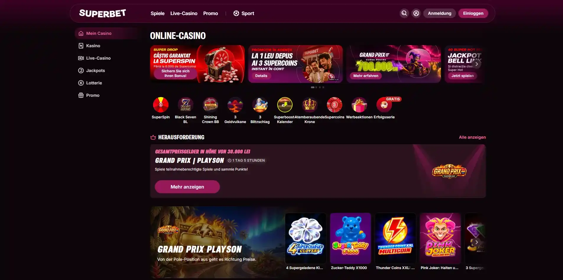 Aktuelle authentische Superbet Casino Oberfläche