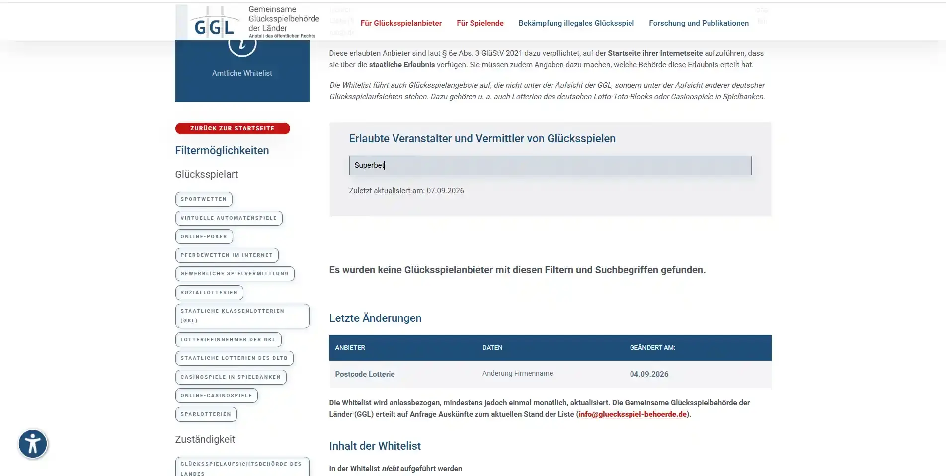 Amtliche GGL-Whitelist als Grundlage für den aktuellen Registercheck zur Superbet Lizenz