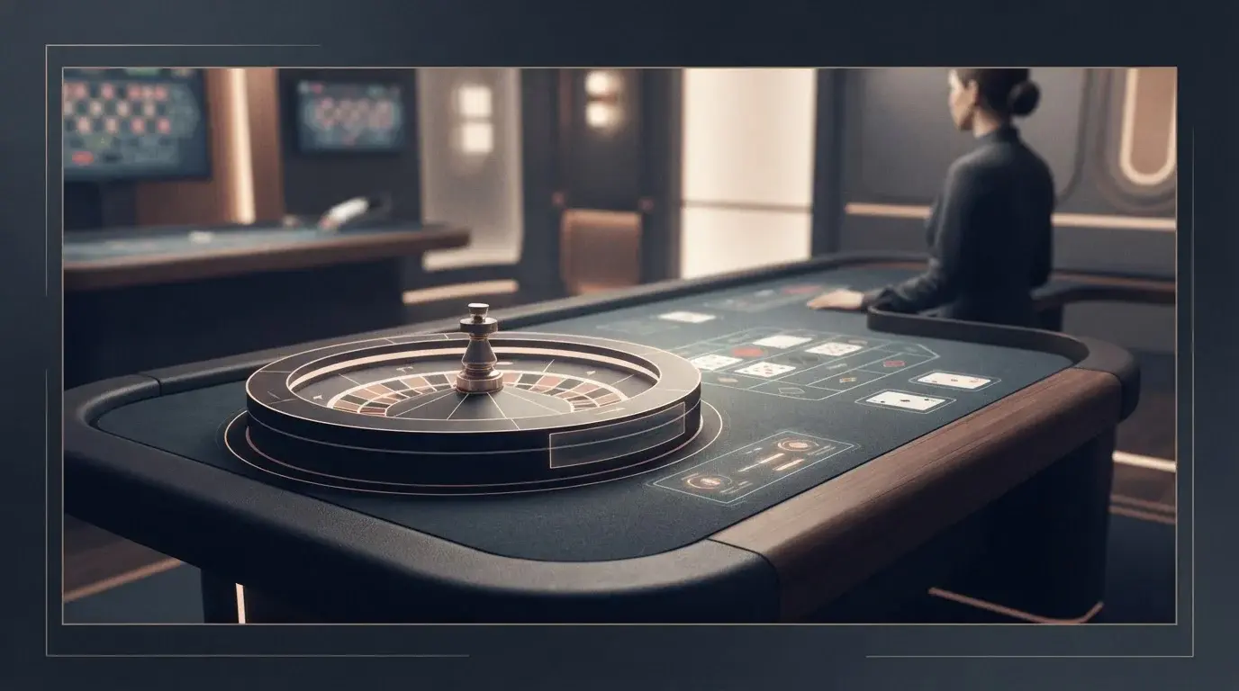 Abstrakte redaktionelle Live-Casino-Szene mit stilisiertem Roulette-Tisch und Karten ohne Markenlogo, echte Benutzeroberfläche oder erkennbare Personen