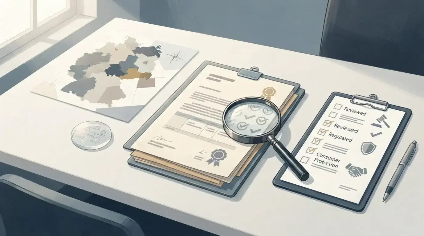 Illustration einer deutschen Glücksspielprüfung mit Checkliste, Lupe und abstrakten Behördenunterlagen ohne Logo oder echte Benutzeroberfläche