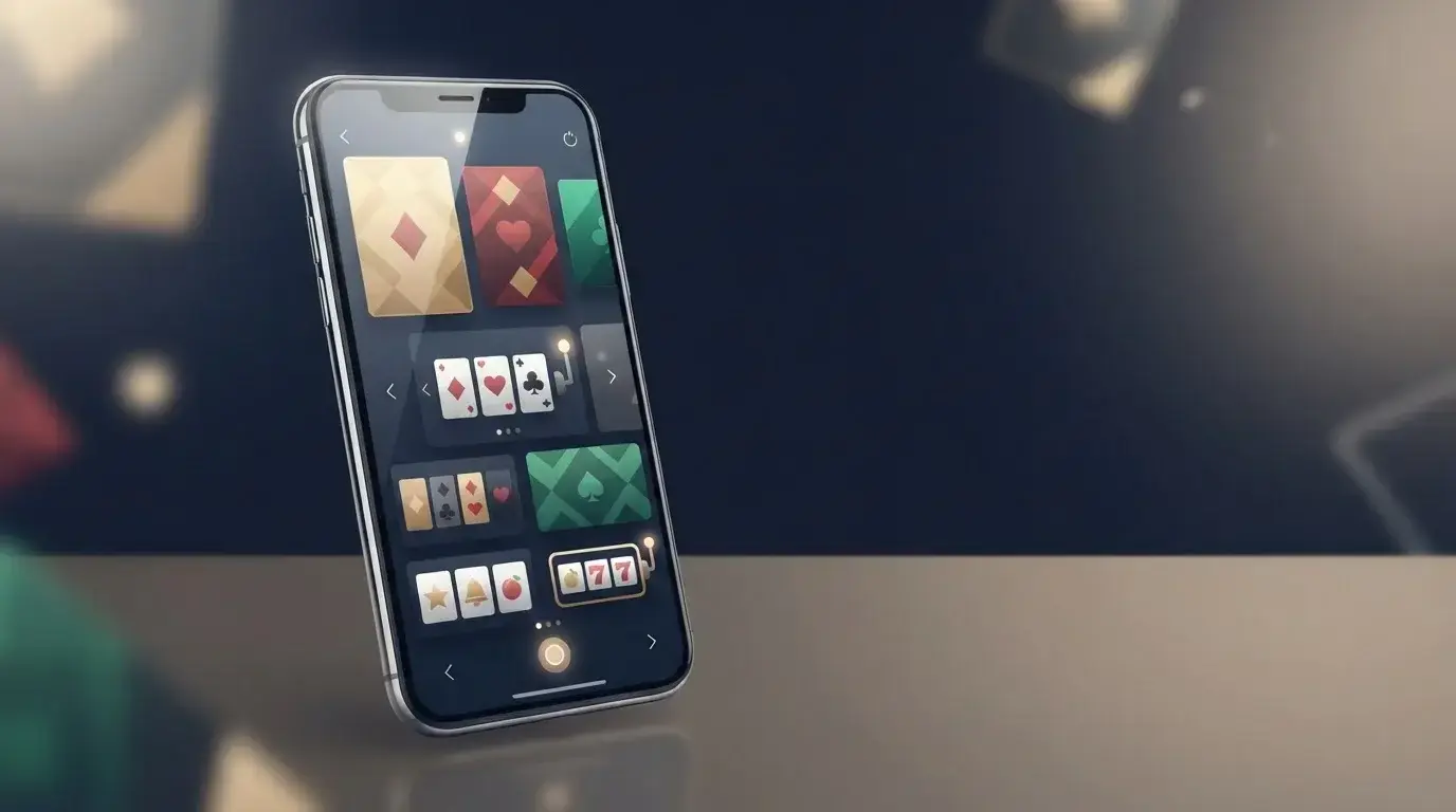 Illustration eines Smartphones mit abstrakten Casino-Karten und Spielsymbolen ohne Superbet-Logo oder echte Benutzeroberfläche