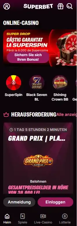 Mobiler Superbet-Casino-Bereich mit Navigation und Spielkategorien
